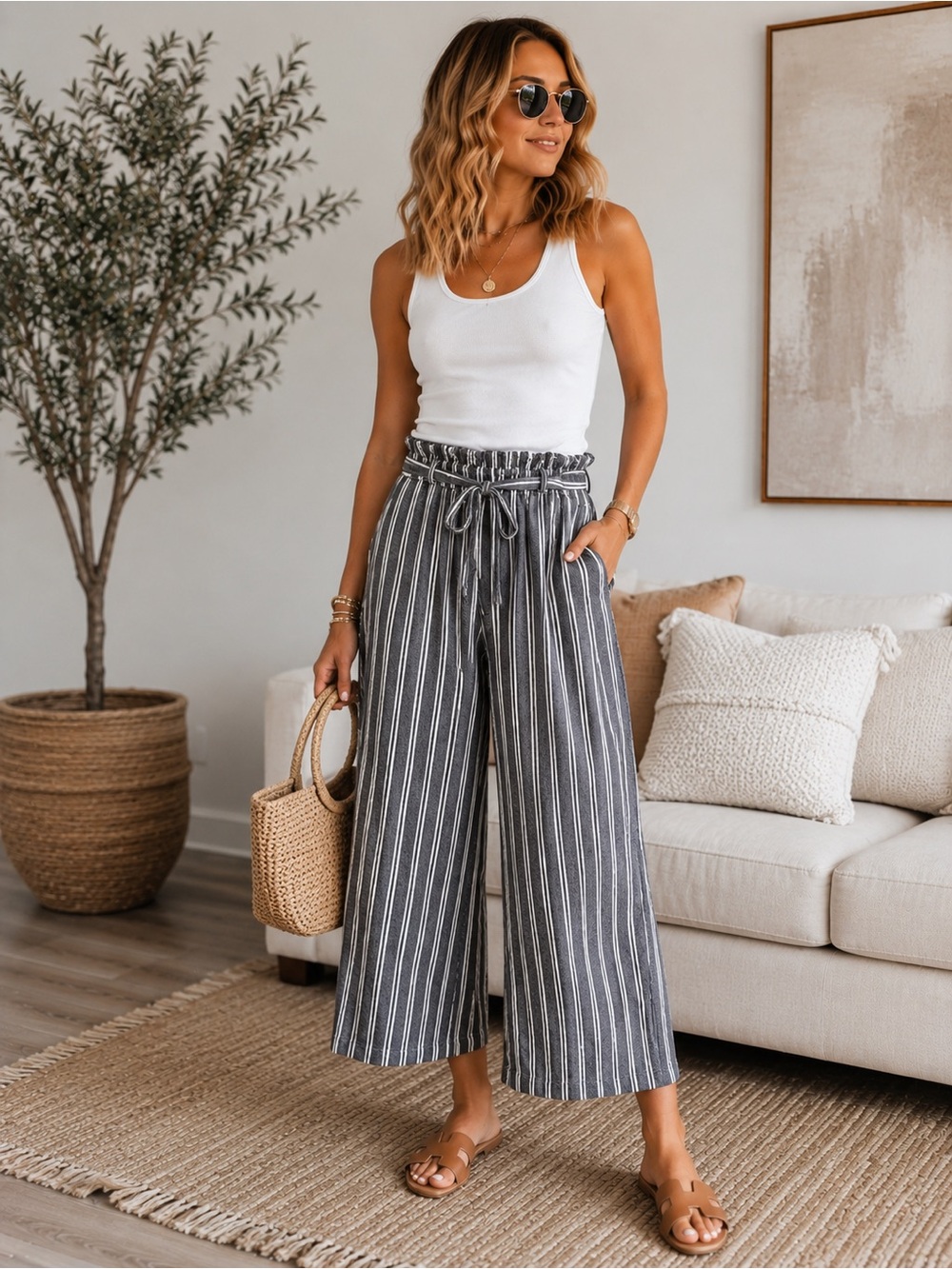 Who What Wear Striped Linen Blend Paperbag Waist Pants Size 16W